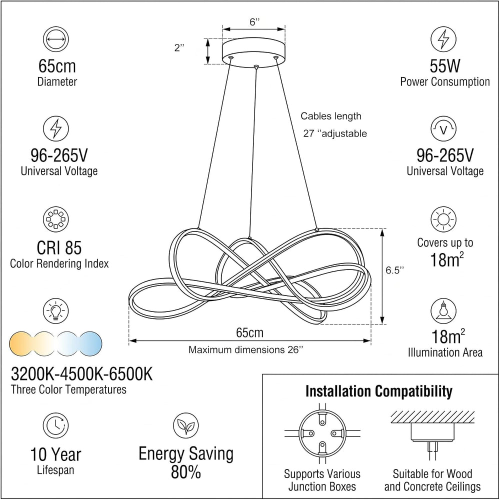 Modern LED Chandelier Chrome, 55W Dimmable 26 Inch