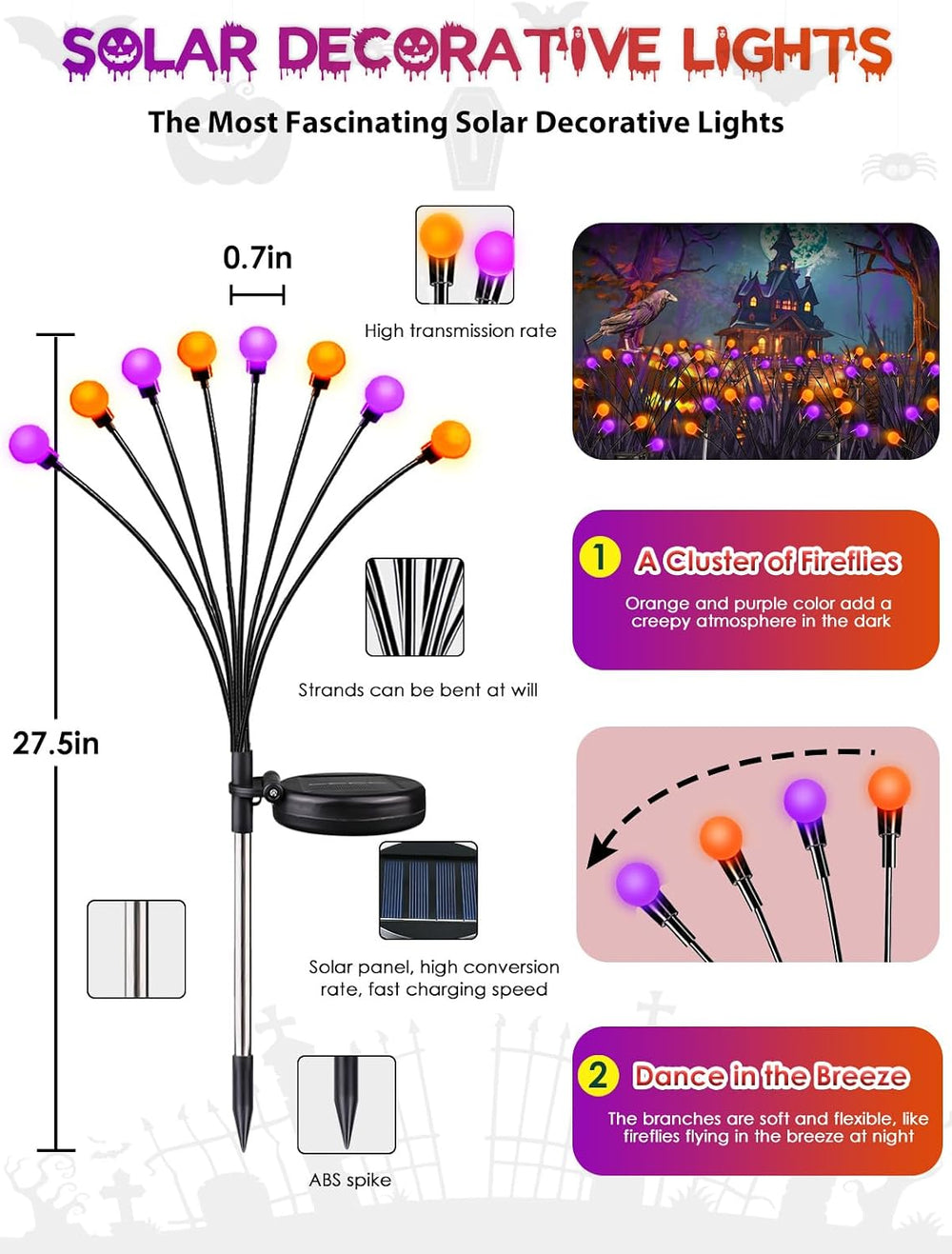 6 Pack Halloween Decorations Outdoor Solar Firefly Lights Orange Purple