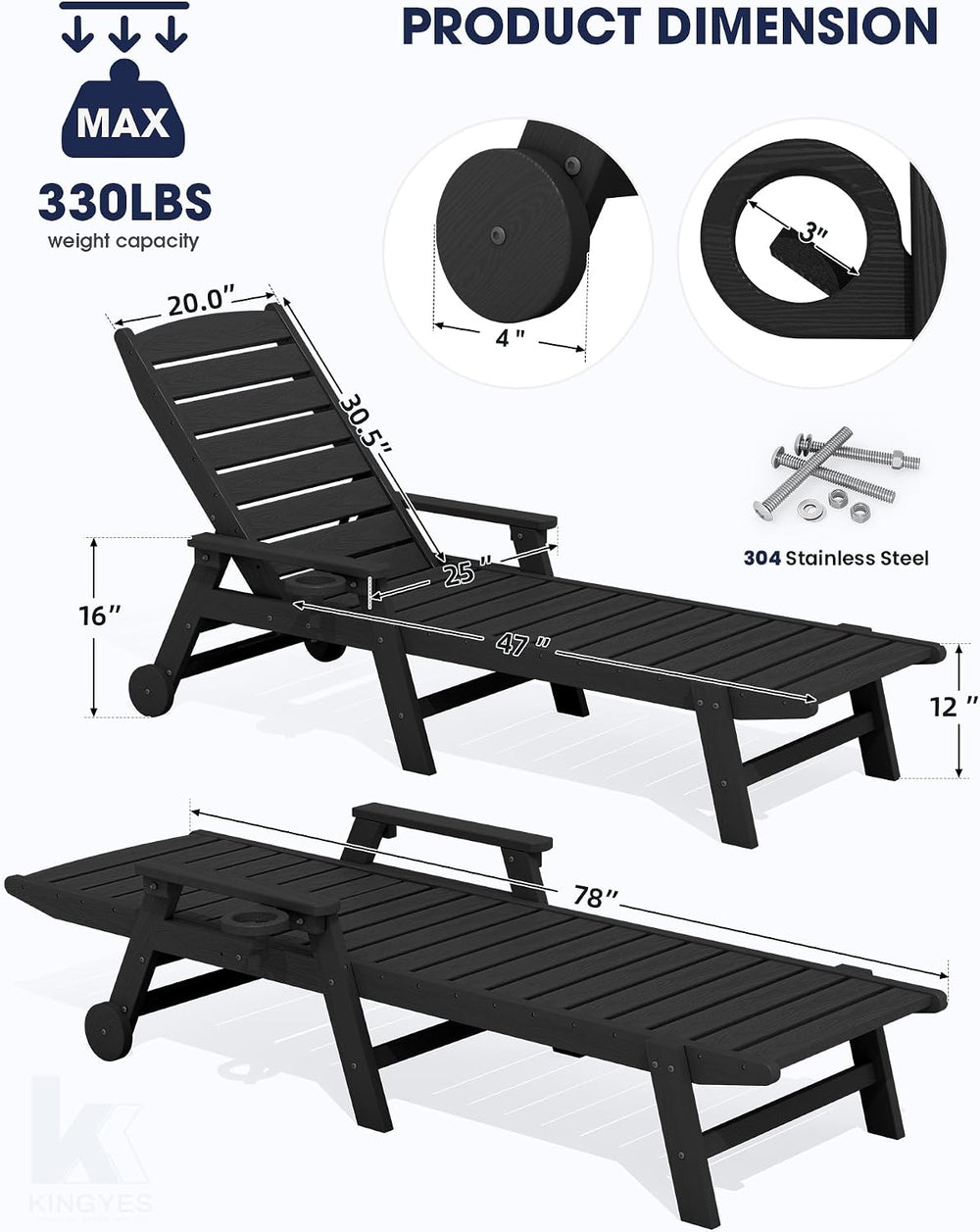 KINGYES HDPE Lounge Chair Outdoor Set of 2, All Weather Pool Lounger