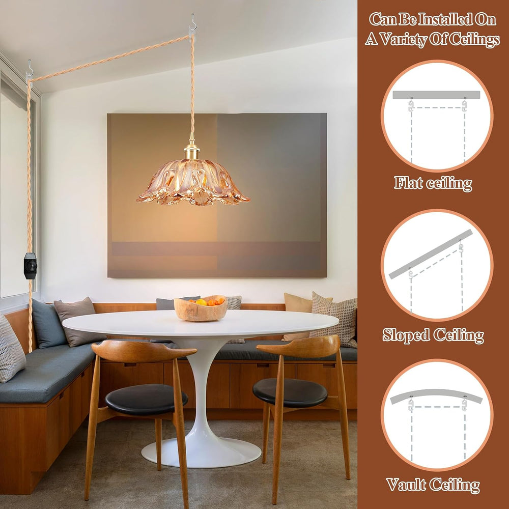 Plug in Pendant Light Fixtures,Hanging Light Fixture Amber Glass Pendant Ligh...
