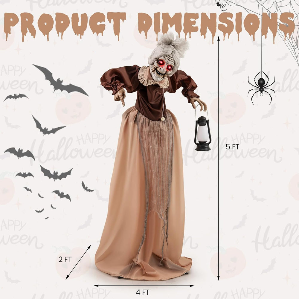 Tangkula 5 FT Halloween Standing Animated Old Lady Holding Lantern