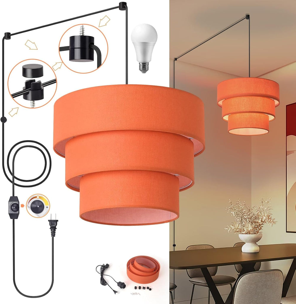 Orange Plug in Pendant Light, Mid Century Modern Pendant Light 3 Tier Plug in...