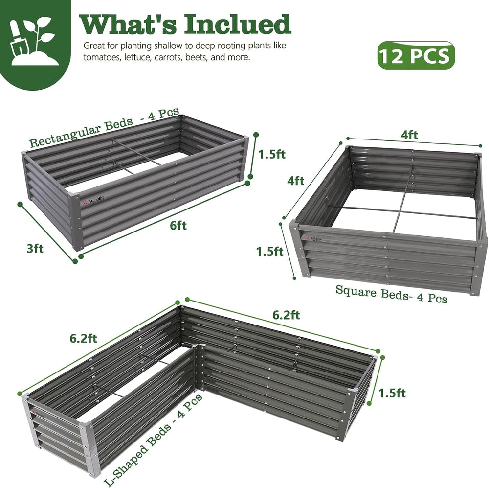 Anleolife 12-Bed Rectangle, L-Shaped & Square Raised Bed Set, Quartz Grey