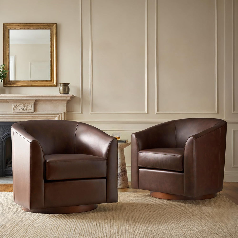 HULALA HOME Genuine Leather Swivel Barrel Accent Chairs Set of 2, Brown