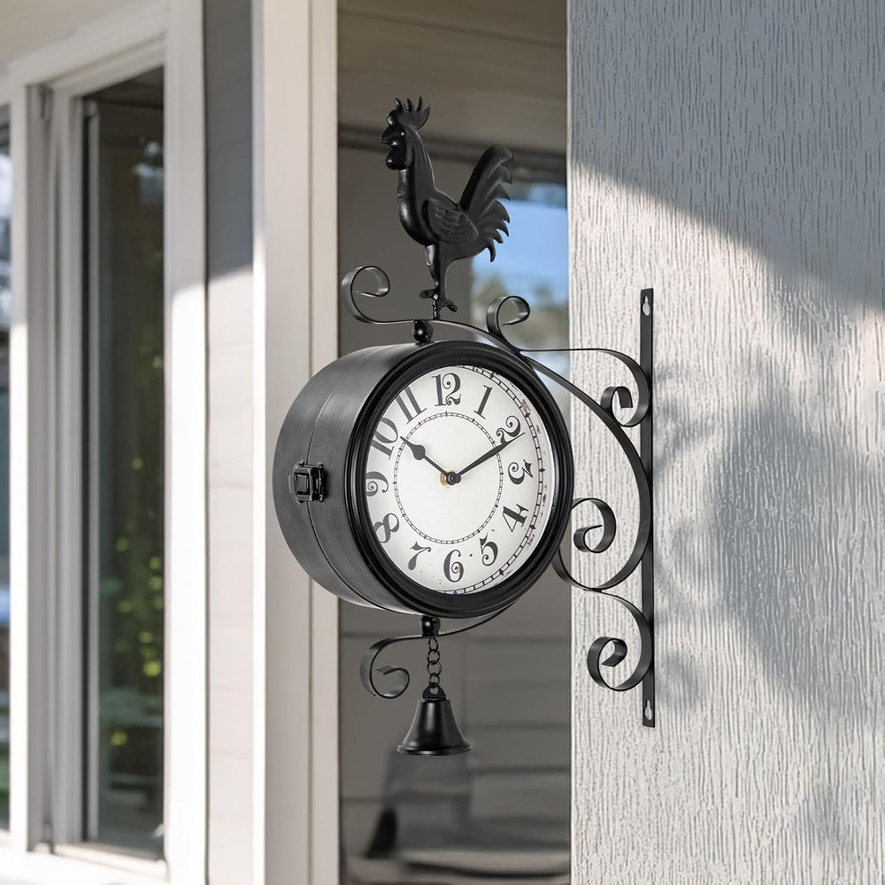Double-Sided Outdoor Wall Clock with Interchangeable Rooster, Bird & Bear...