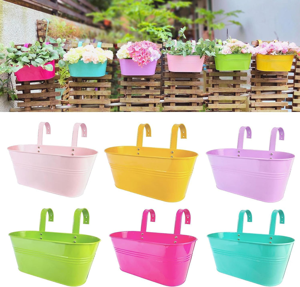 LaLaGreen Colorful Rail Planter (17 in, 6 Pack) Metal Fence Deck Buckets