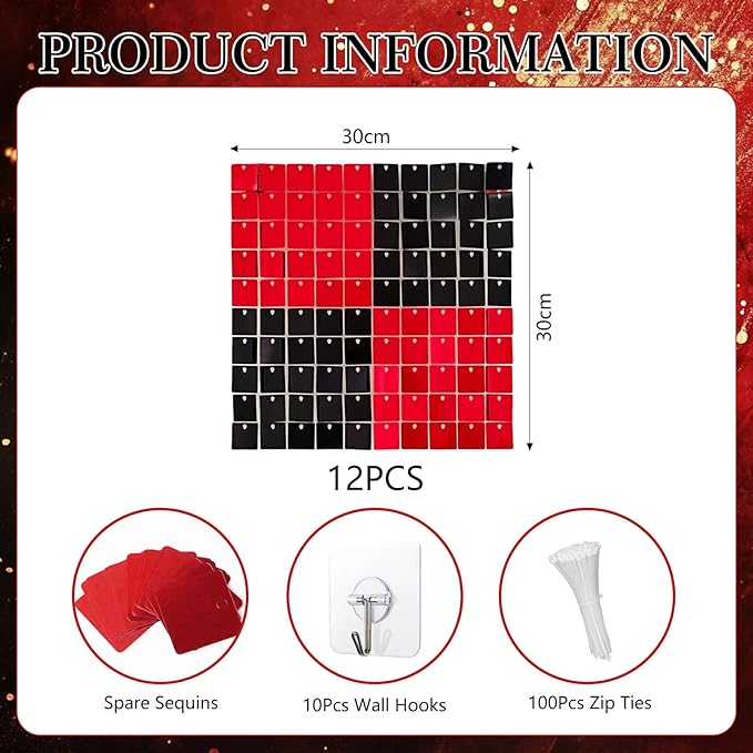 12PCS Black Red Shimmer Wall Backdrop, Square Sequin Photo Backdrops Panel, G...
