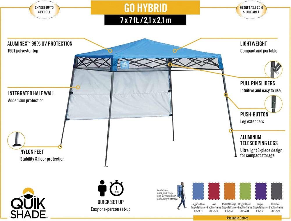Quik Shade Go Hybrid 6' x 6' Sun Protection Pop-Up Compact and Lightw...