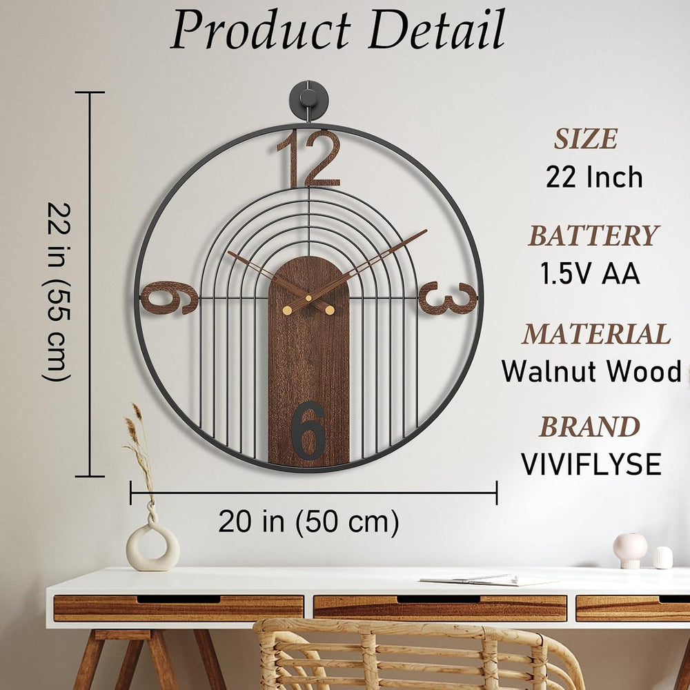 Modern Large Walnut Dial Wall Clock, Wood Metal Frame Silent Non Ticking Wall...