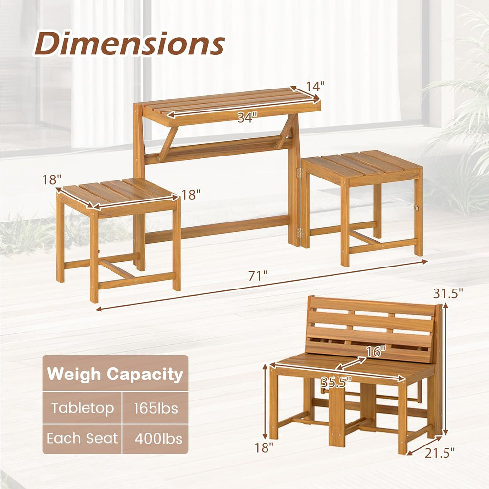 HAPPYGRILL 3-in-1 Acacia Wood Outdoor Dining Table Bench Set