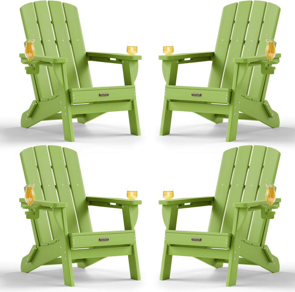 Folding Adirondack Chairs Set of 4, HDPE, 2 Cup Holders, Lime