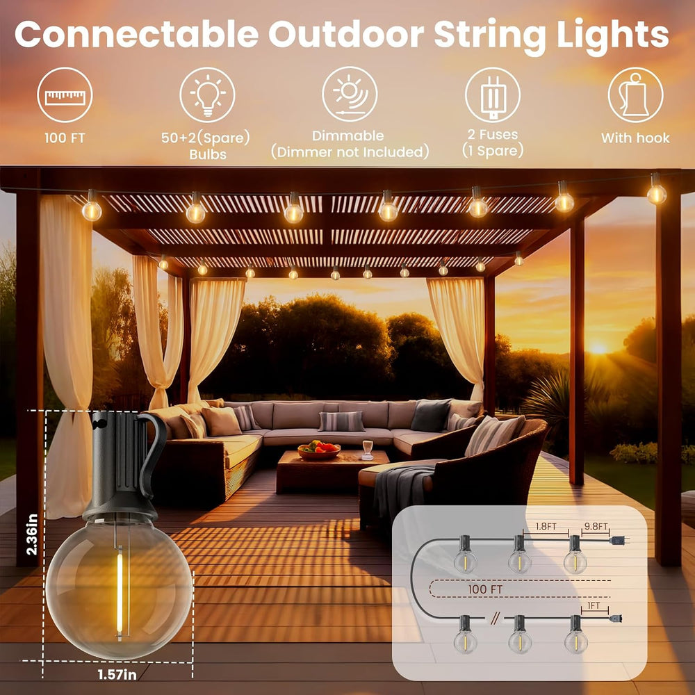 RTTY Outdoor String Lights 100 FT, Waterproof Patio Light 52 LED Bulbs