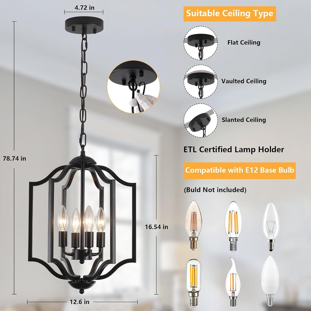 Black Chandelier Light Fixture, 4-Light Farmhouse Chandelier Dining Room Ligh...