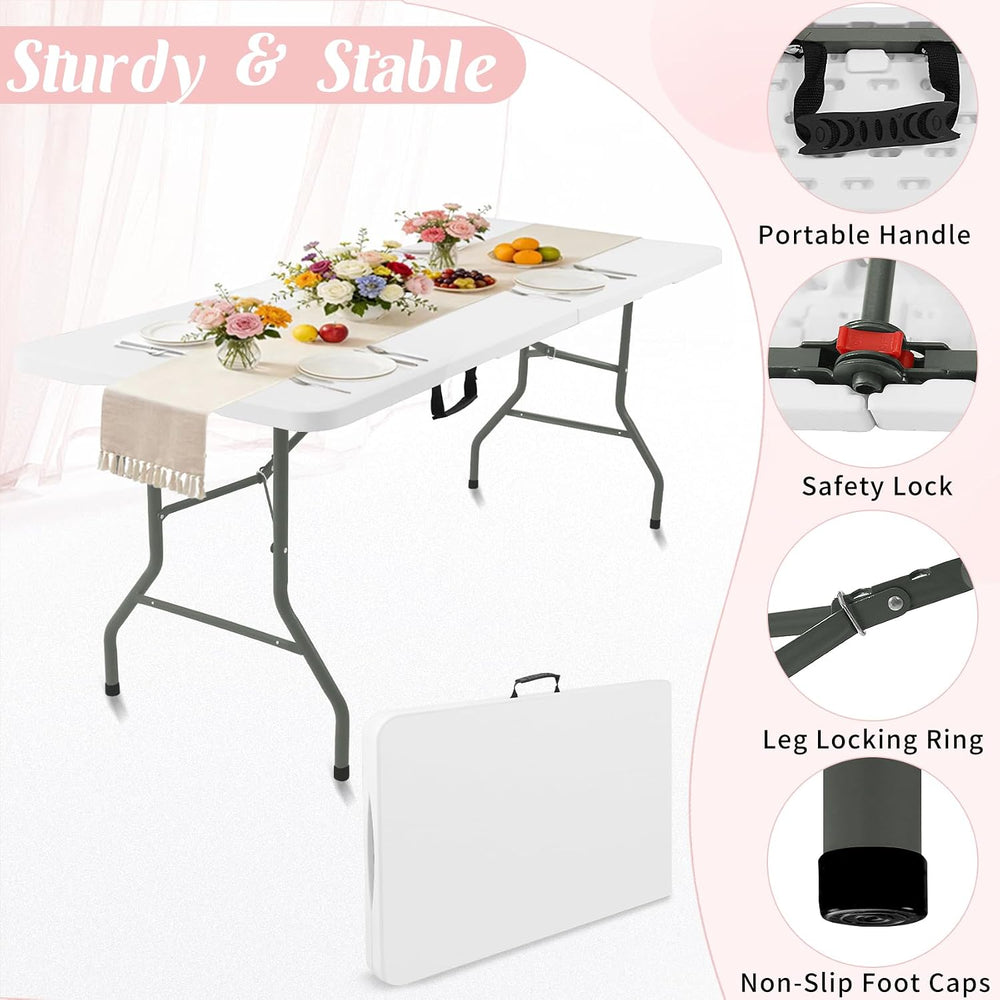 2 Pack 5 Feet Portable Folding Table White, Steel Legs Fold-in-Half with Carr...