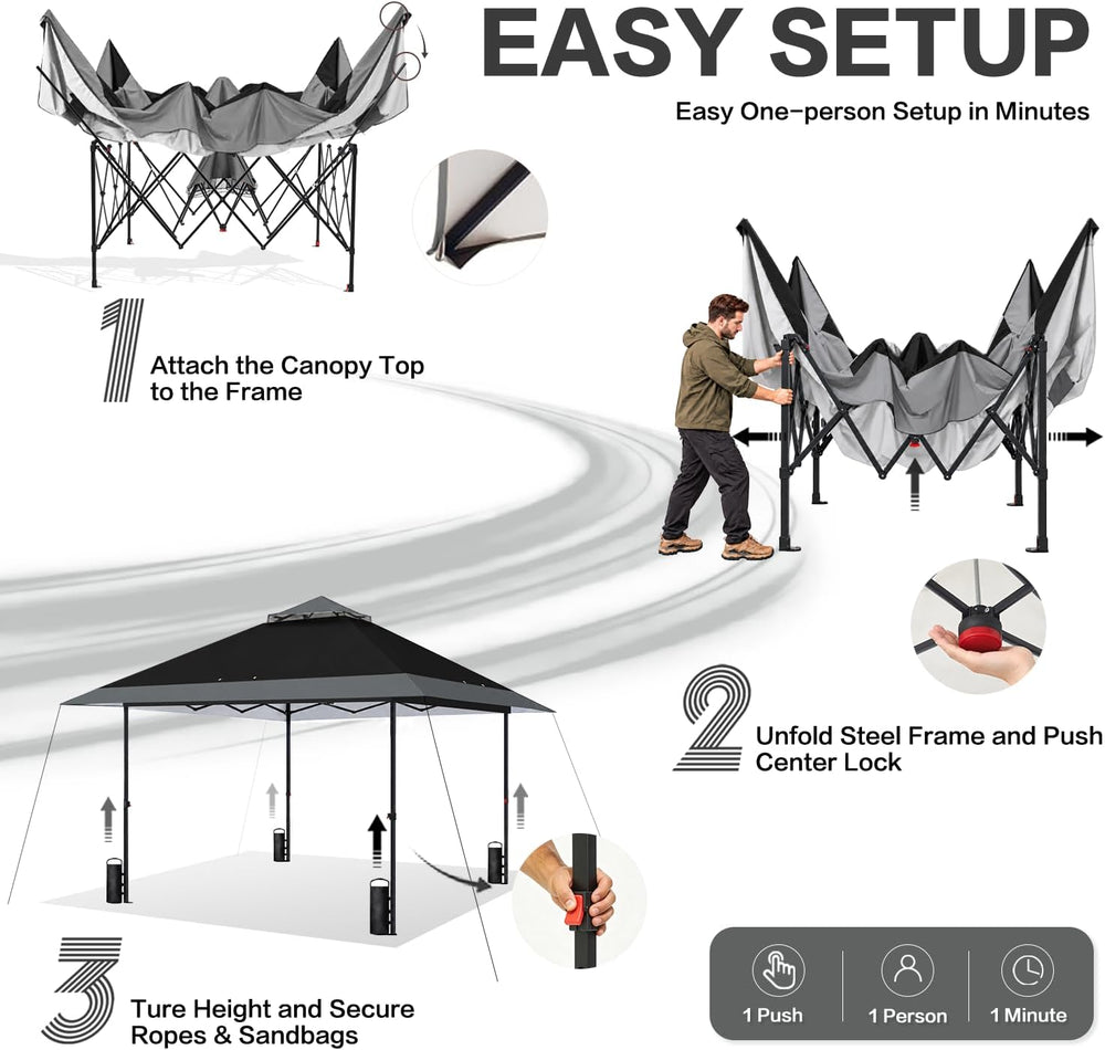 GAFETE 13x13 Outdoor Pop Up Canopy Tent，Auto Extended Eaves, One Push Setup