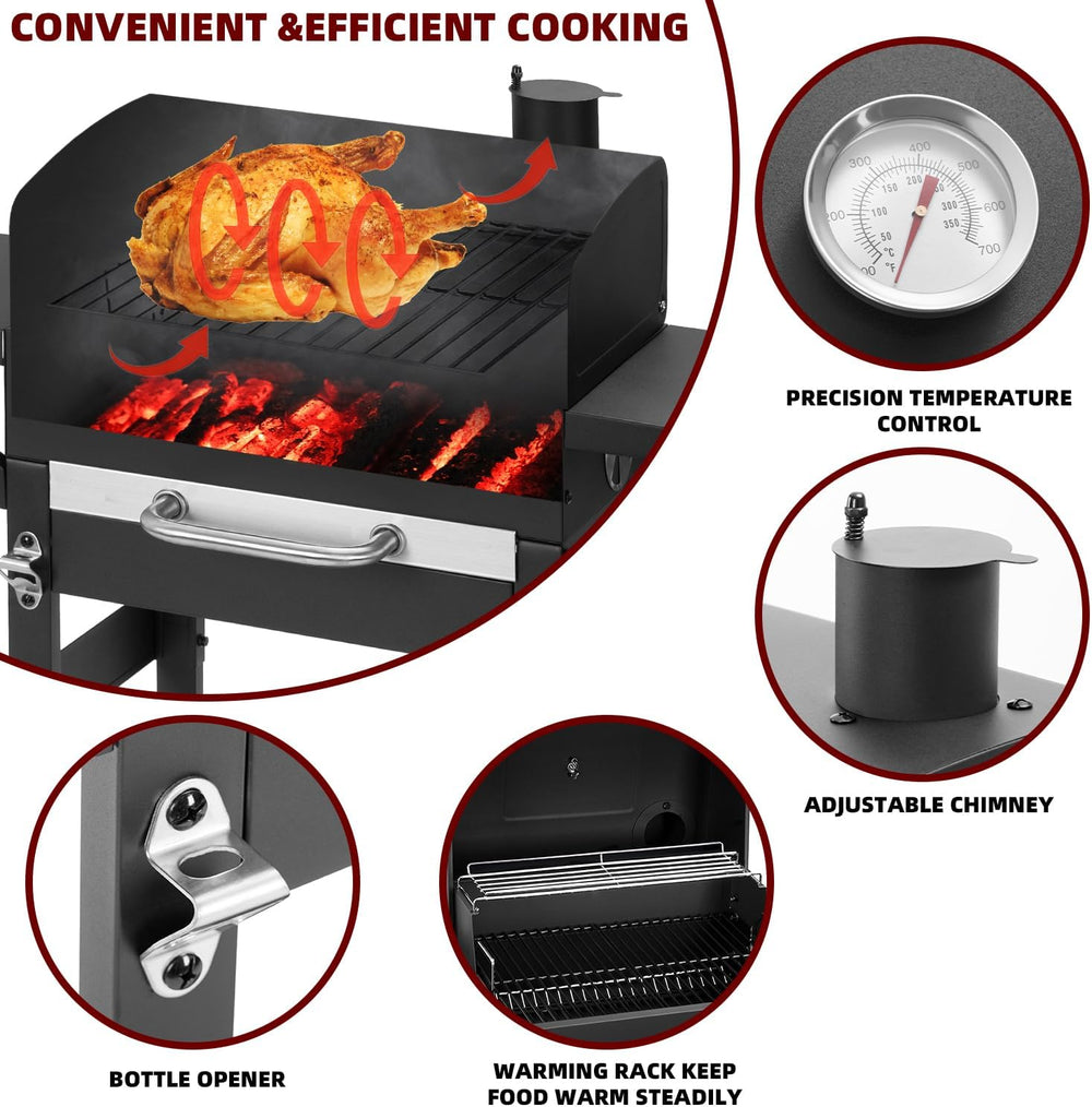 Charcoal Grill with 2 Side Tables 343 Sq.In.for BBQ Outdoor Cooking