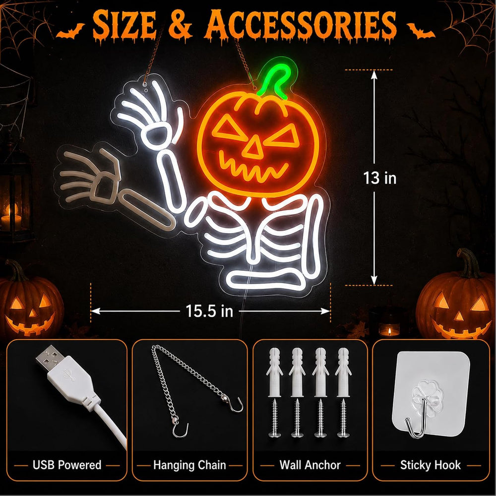 Waving Pumpkin Skeleton Neon Sign, Flashing Halloween Neon Sign, Dimmable Sku...