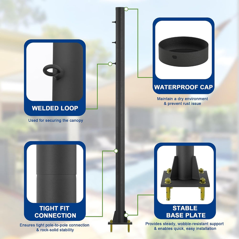 10ft Sun Shade Pole, 3" Diameter Heavy Duty Metal, Black Shade Sail Pole...