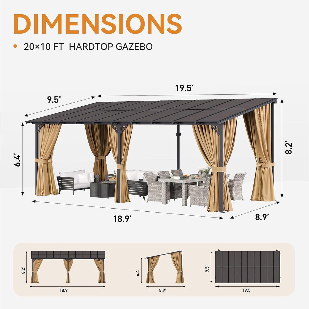 10'x20' Lean to Gazebo Pergola with Mosquito Net and Curtains
