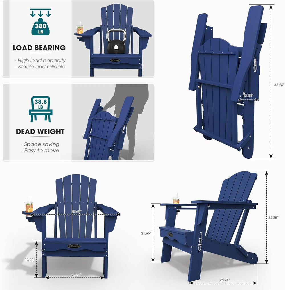 THOEOE Folding Adirondack Chair Set of 2, HDPE All-Weather Outdoor Chair