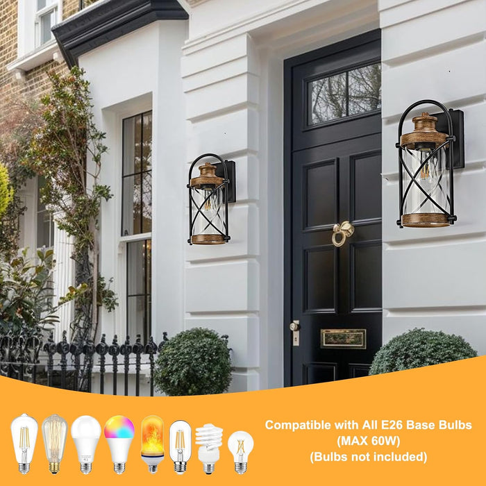 Dusk to Dawn Outdoor Wall Lights Fixtures, Waterproof Exterior Lighting Fixtures with Photocell Sensor,Vintage Faux Wood Grain Metal Cage Lantern Outside Lights for Porch Patio House Garage（2 Pack）