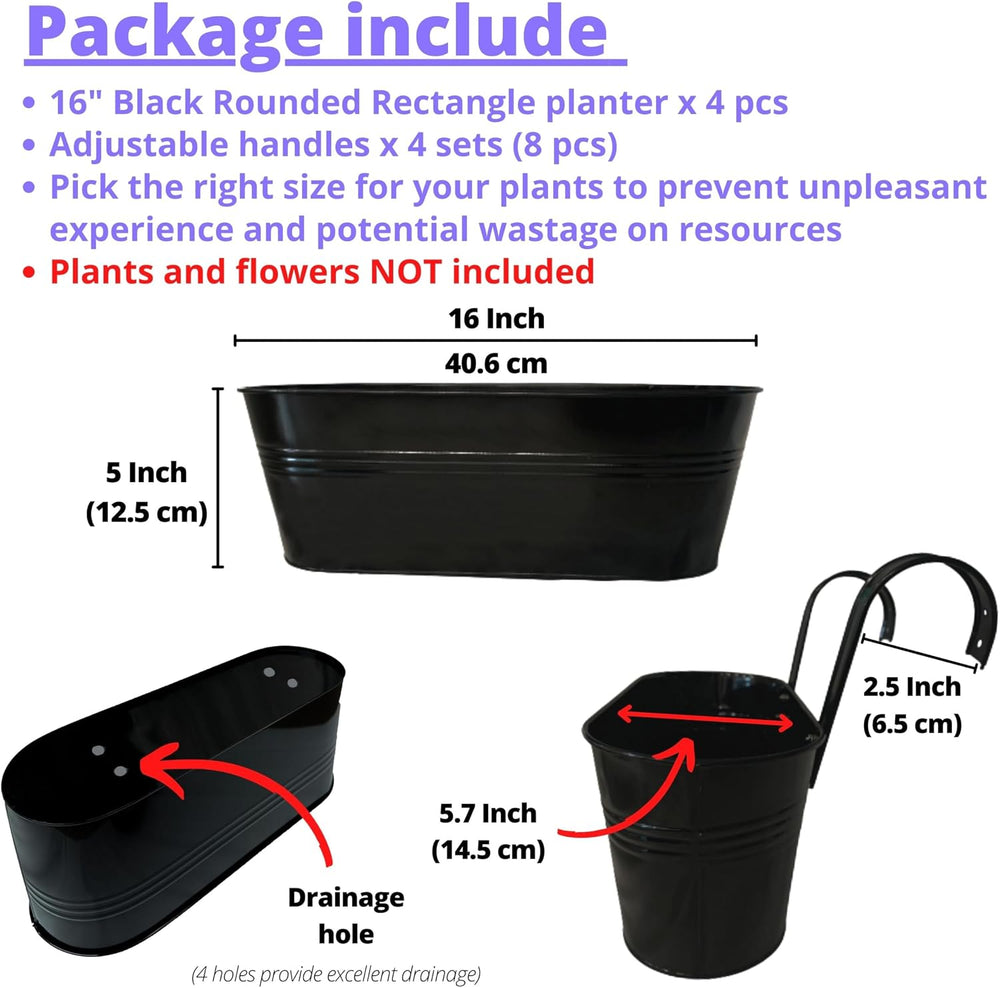 LaLaGreen Deck Rail Planter (16 in, 4 Pack) Black Metal Hanging Flower Pots