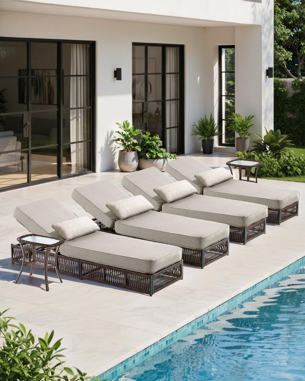 Luxury Outdoor Chaise Lounge Chairs of 4 with 5 Inch Thick Cushions and Side ...