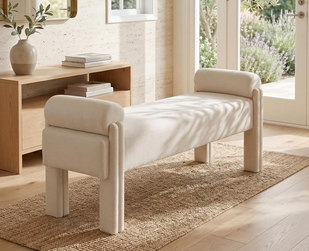 ROCITY Beige Linen End of Bed Bench 53 Inch Long Ottoman Fabric Padded Bedroo...