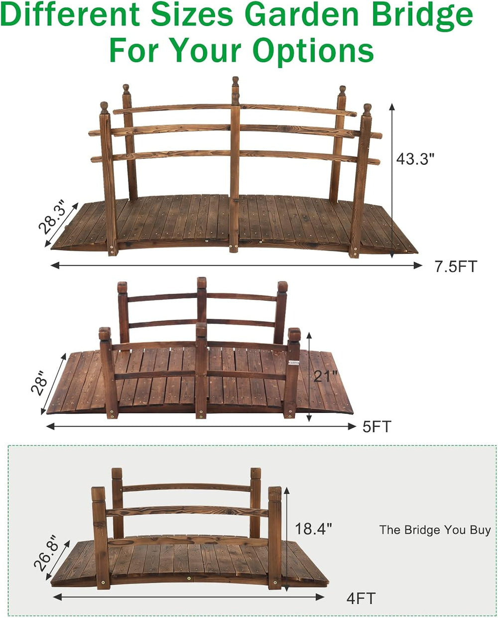 VINGLI 4 ft Garden Bridge, Arch Walkway Wooden Bridge with Safety Rails Carbo...