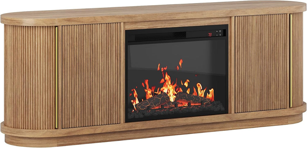 BELLEZE Turin 67" TV Stand with 23" Electric Fireplace Heater - Camel