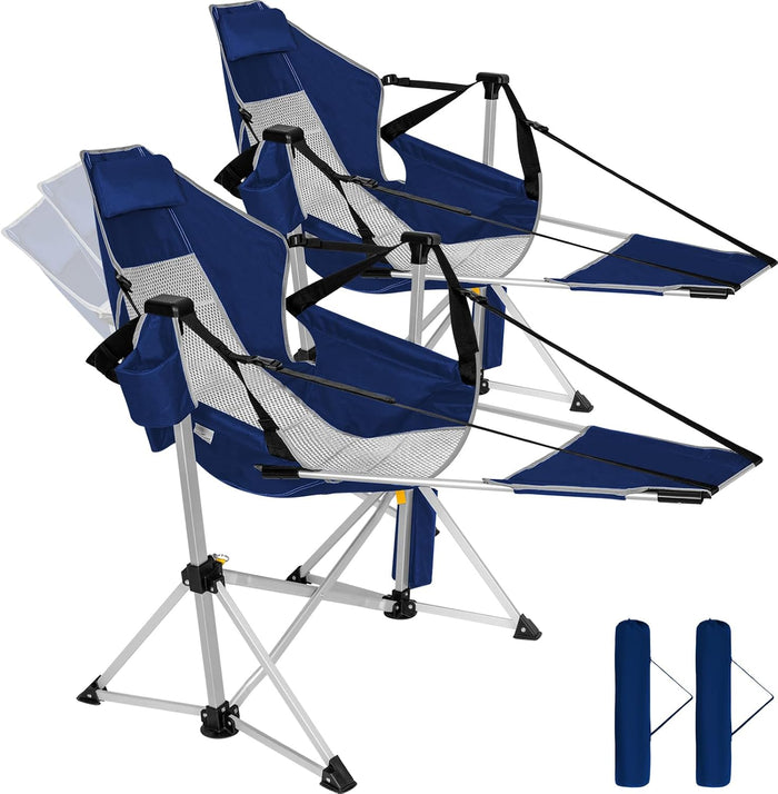 2 Pack Oversized Swing Hammock Camping Chairs with Footrests & Headrests, 440LBS Aluminum Reclining Outdoor Lounge Chairs, 49" Tall Folding Chairs with Cup Holders,Blue