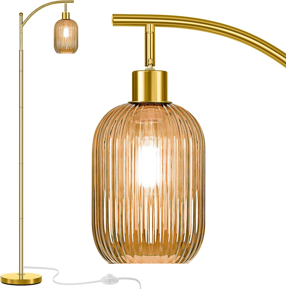 gernehop Glass Floor Lamp for Living Room, Modern Gold Standing Lamp with Rib...