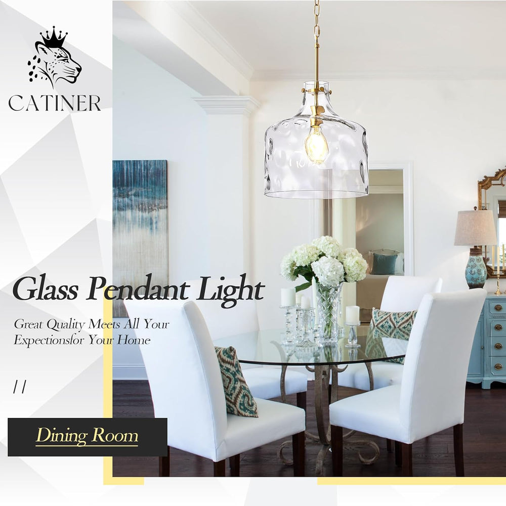 CATINER 16" Farmhouse Hammered Glass Pendant Light, Gold Hanging Light