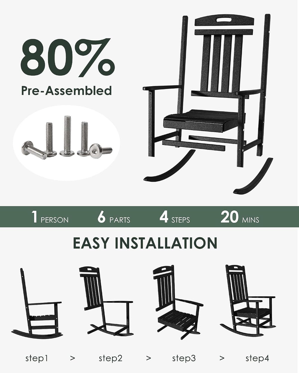Outdoor Rocking Chair Set of 2, All-Weather Resistant Poly Lumber Rocker Chai...