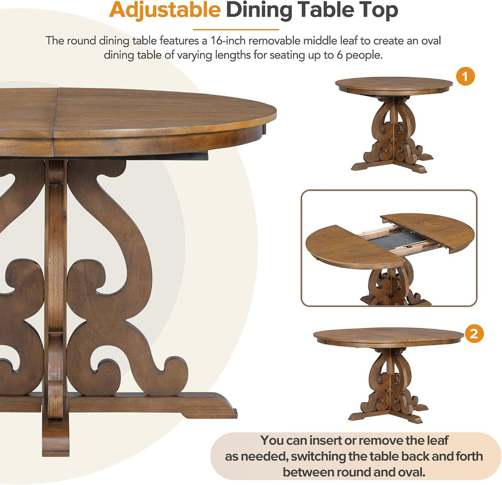 Merax Dining Table Set for 4, Extendable Round Tabletop, Upholstered Chairs