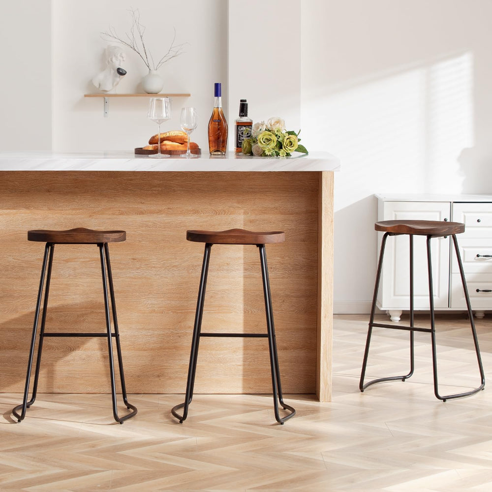HeuGah Wood Bar Stools Set of 3, 30" Backless Saddle Seat Barstools