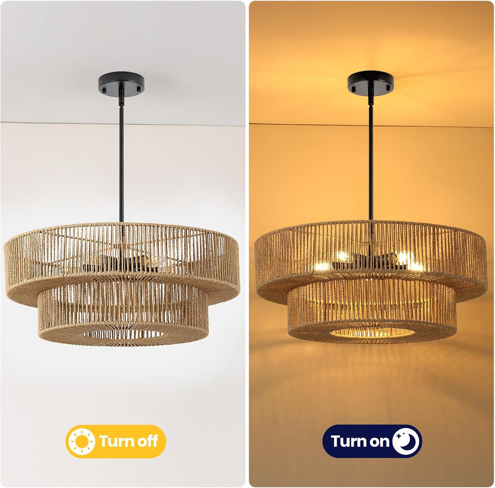 22" Large Boho Rattan Chandelier, Hand Woven Wicker Pendant Light