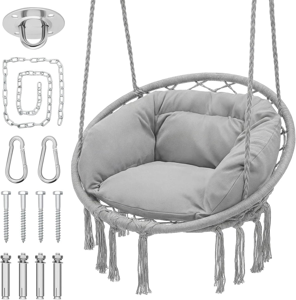 Monibloom Hanging Hammock Chair with Cushion, Macrame Swing Chair, Gray