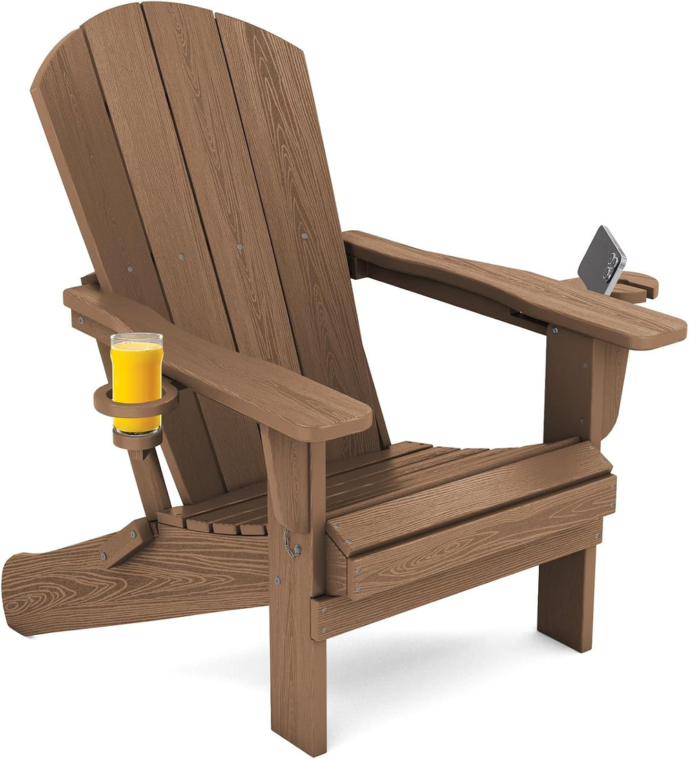 SERWALL Outdoor Adirondack Chairs with 2 Cup Holders,Foldable,Brown
