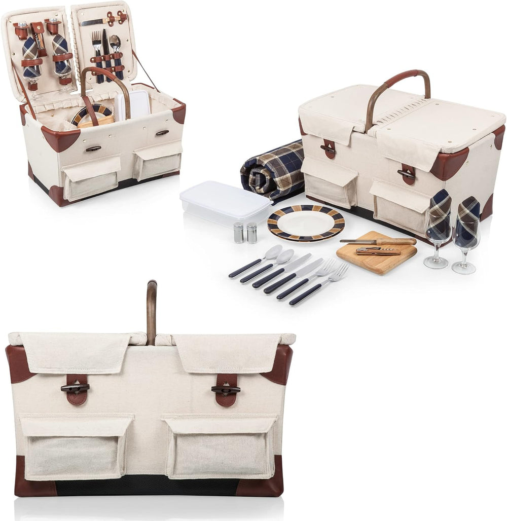 PICNIC TIME Pioneer Deluxe Picnic Basket, Romantic Vintage Wood-Framed Basket...
