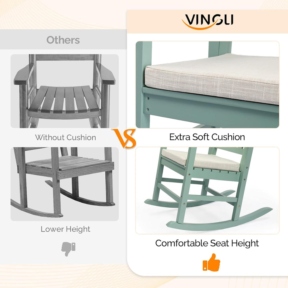 VINGLI Outdoor Rocking Chair, Wooden Rocking Chair with Cushion, Green