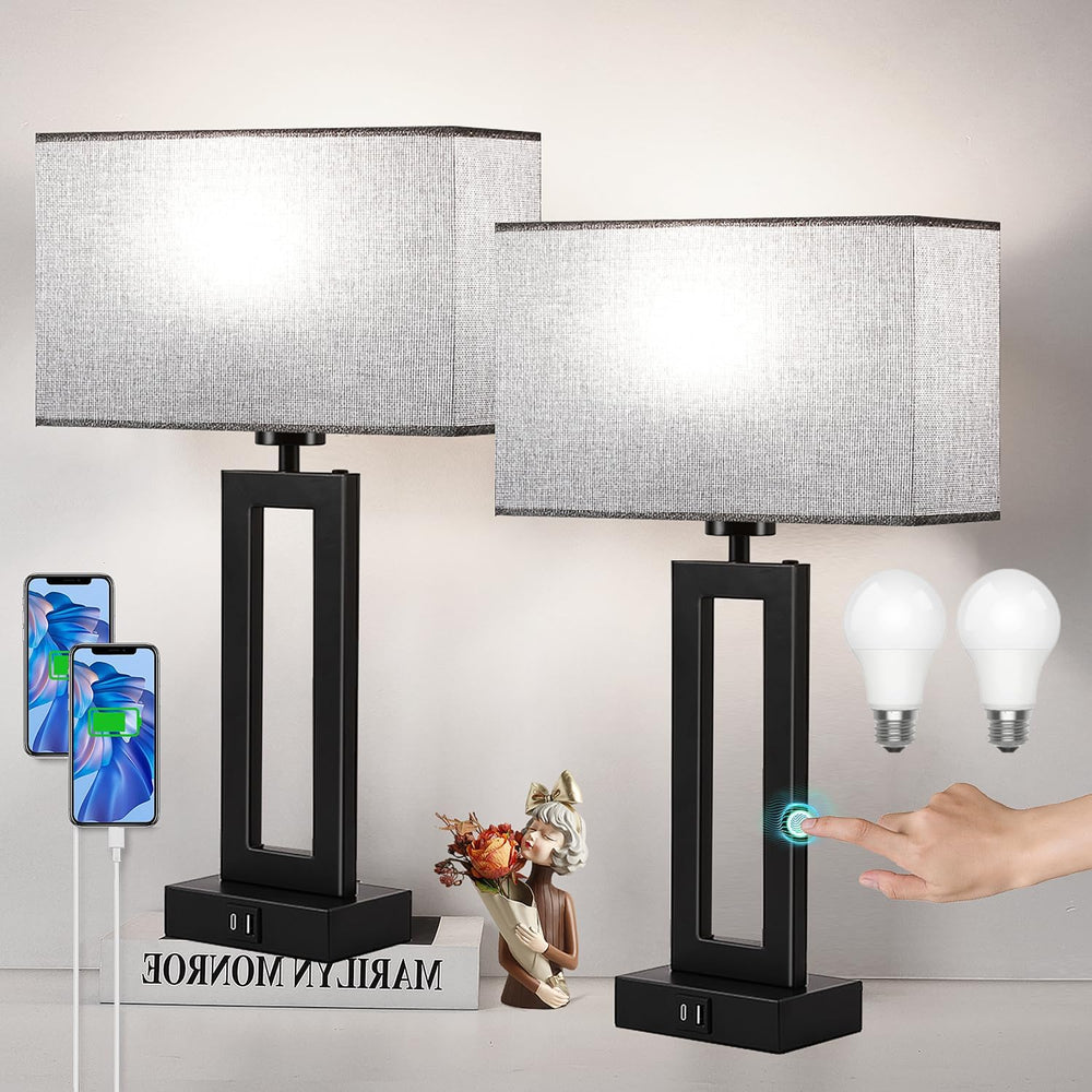 Modern Nightstand Lamps Set of 2 - Touch Control Bedside Table Lamps with USB...