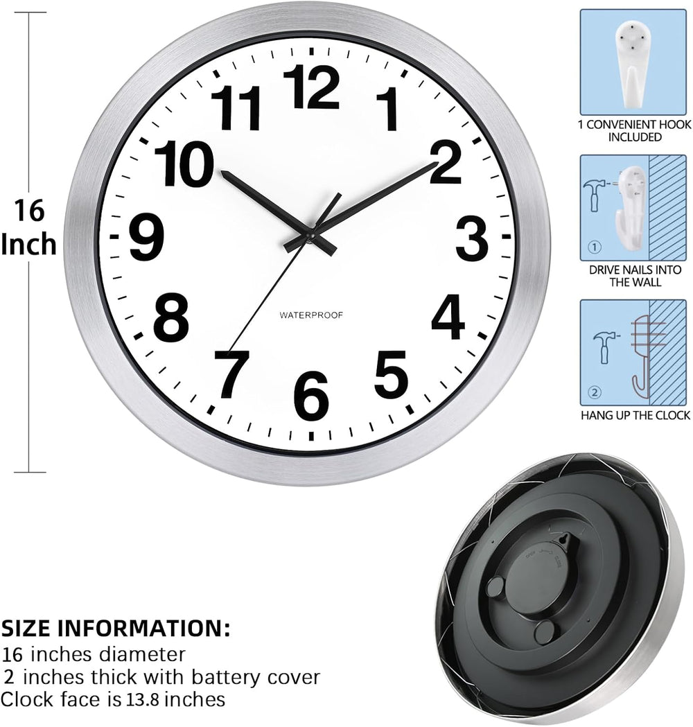 Caysie 16 Inch Sealed Large Outdoor Clocks Waterproof-Silver