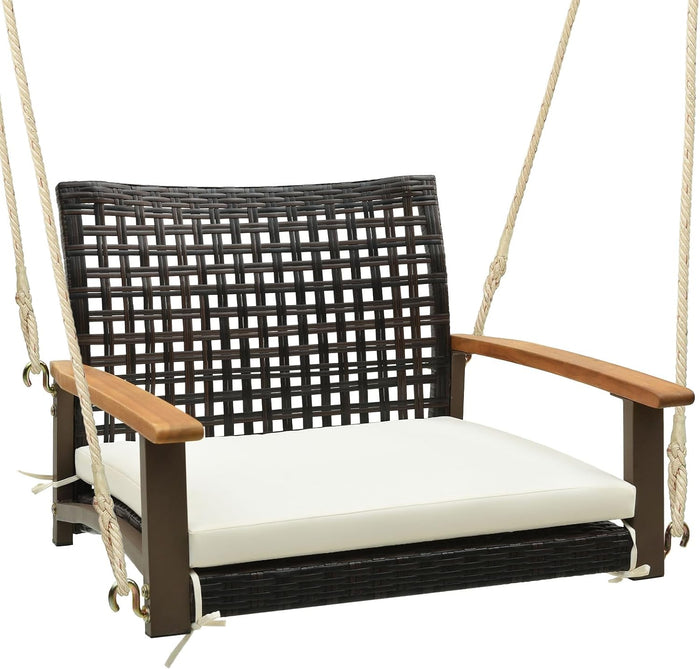 DORTALA Hanging Porch Swing, 1 Person Patio Wicker Swing Chair with Metal Frame, Cushion, Ropes & Hooks, Outdoor PE Rattan Swing Seat for Lawn Garden Backyard Balcony, Off White