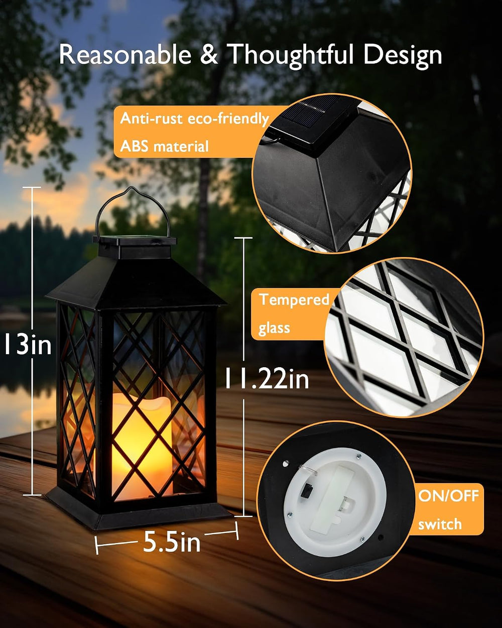 Homemory 2 Pack 13'' Black Solar Lanterns, Flickering Flame Hanging L...