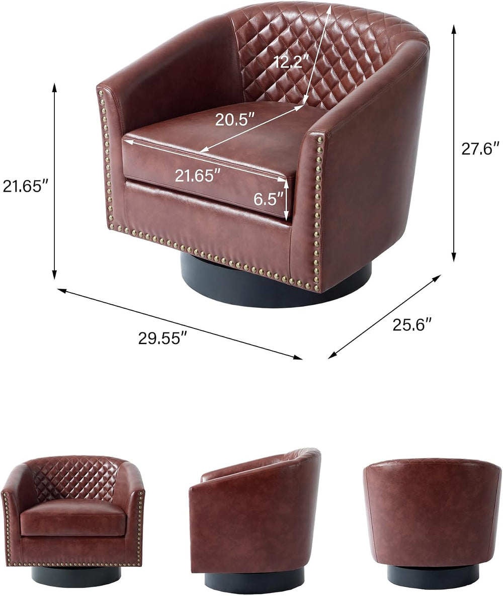 Faux Leather Swivel Accent Chair, Barrel Club Armchair, Red Brown