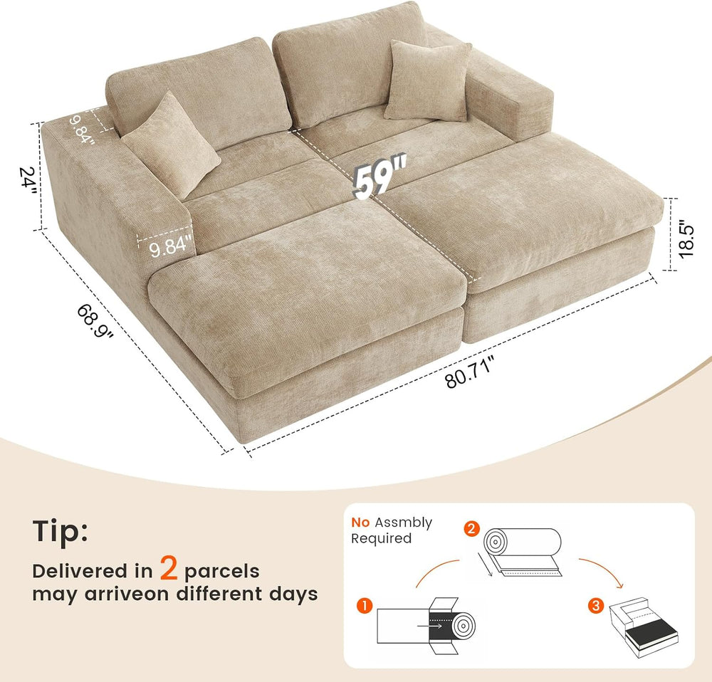 81" Oversized Double Chaise Lounge, Cloud Boneless Sofa Bed, Khaki
