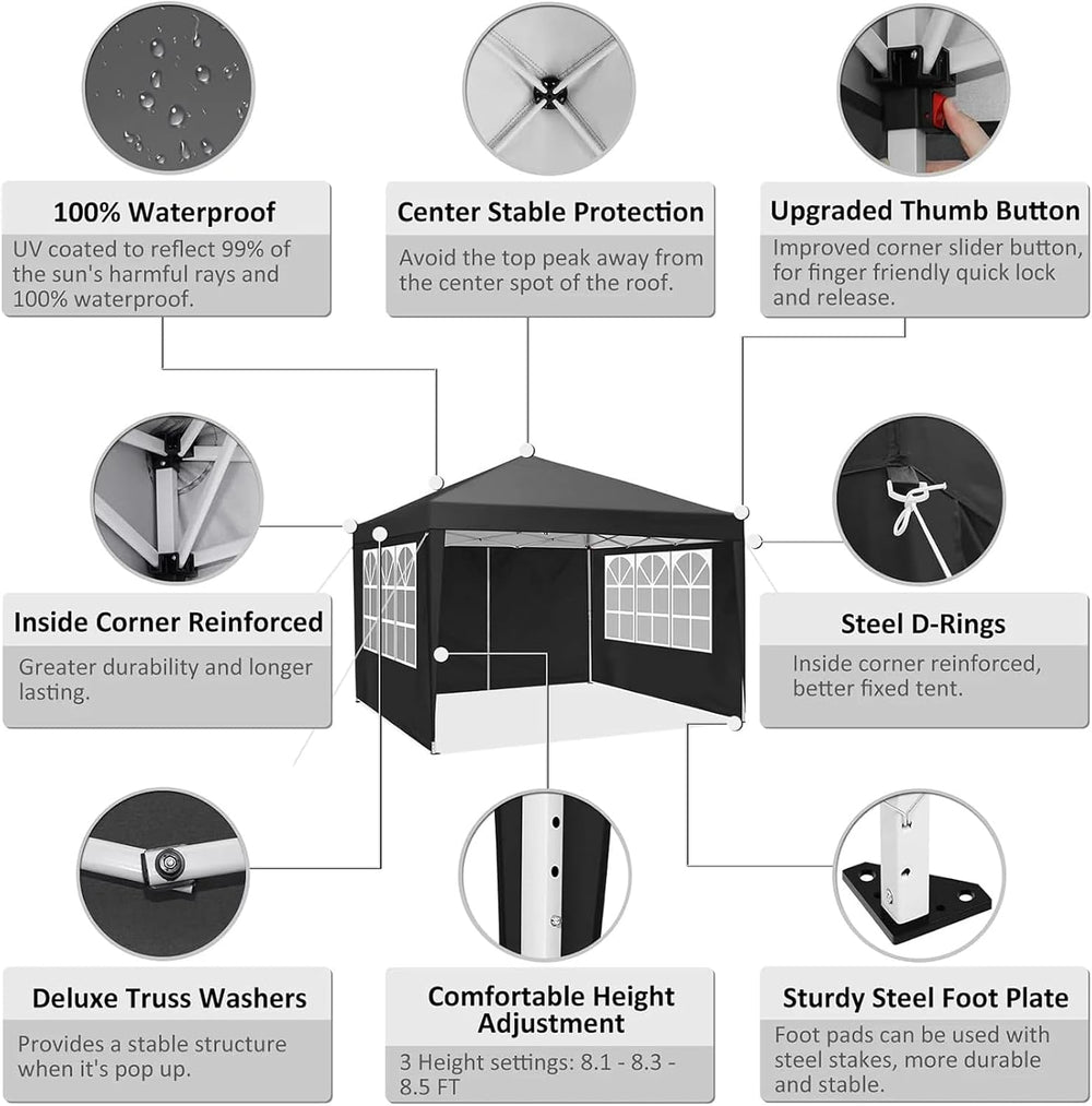 10X10 Pop Up Canopy Tent with 4 Removable Sidewalls, 1-Person Setup Canopy Te...