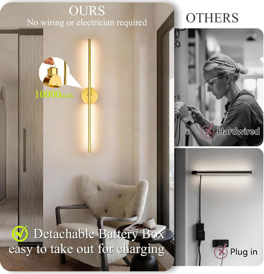 Battery Operated Wall Sconce Set of Two: Gold Wireless Rechargeable Wall Ligh...