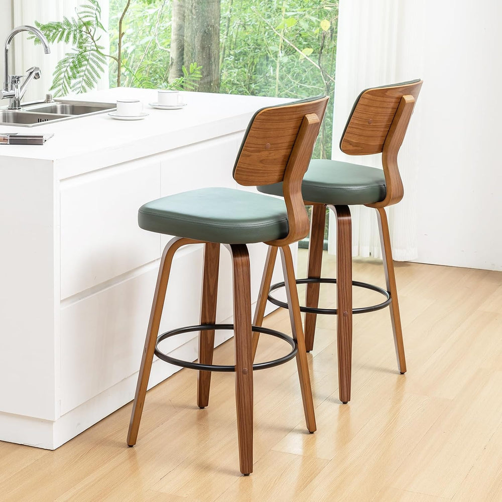 LUNLING 25.2” Swivel Bar Stools Set of 2,Green Faux Leather Counter Height Ba...
